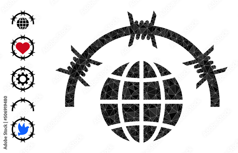 Poster vector triangulated world jail icon illustration constructed from random filled triangle items. tria
