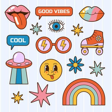 Hippie Vector 1970 Vibe Groovy Elements, Cute Funny Cartoon Illustration. Set Of Hippie Retro Symbols Or Badges With Daisy Flowers, Ufo And Glasses. Isolated Positive Stickers In Vintage Style.