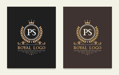 Letter PS crown monogram. Elegant logo and creative typography. The vintage emblem for book design, brand name, business card, restaurant, boutique, hotel, cafe, badge, label. Vector symbol.