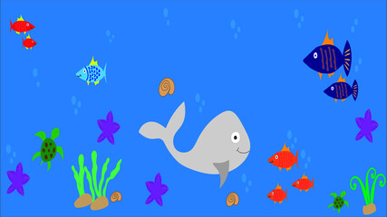 Naklejka na ściany i meble Ocean animals wall art vector wallpaper, with underwater life. Starfish, fish, turtles, corals. For room decoration, print, cover, wallpaper.