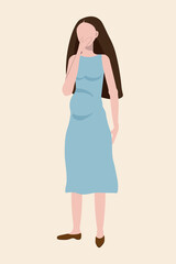 Nausea during pregnancy, difficulties during pregnancy, a young pregnant woman in a blue dress
