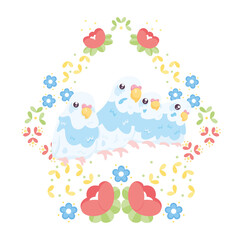 Isolated cute birds in a floral frame Vector illustration