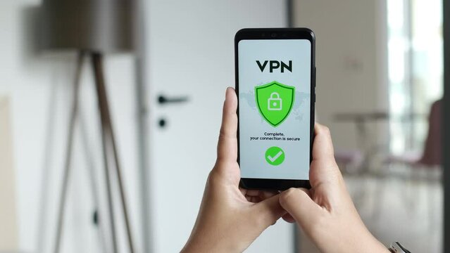 CloseUp of VPN. Turning On Virtual Private Network on the Smartphone. IP Data Encryption, Cyber Safety and Authentication Privacy. Personal Data Protection, Artificial Intelligence Firewall. 