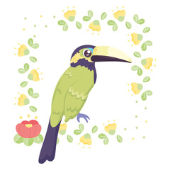 Isolated cute bird in a floral frame Vector illustration