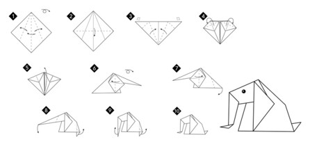 How to make origami elephant. Black line monochrome step by step instructions. Easy DIY tutorial for kids. - obrazy, fototapety, plakaty