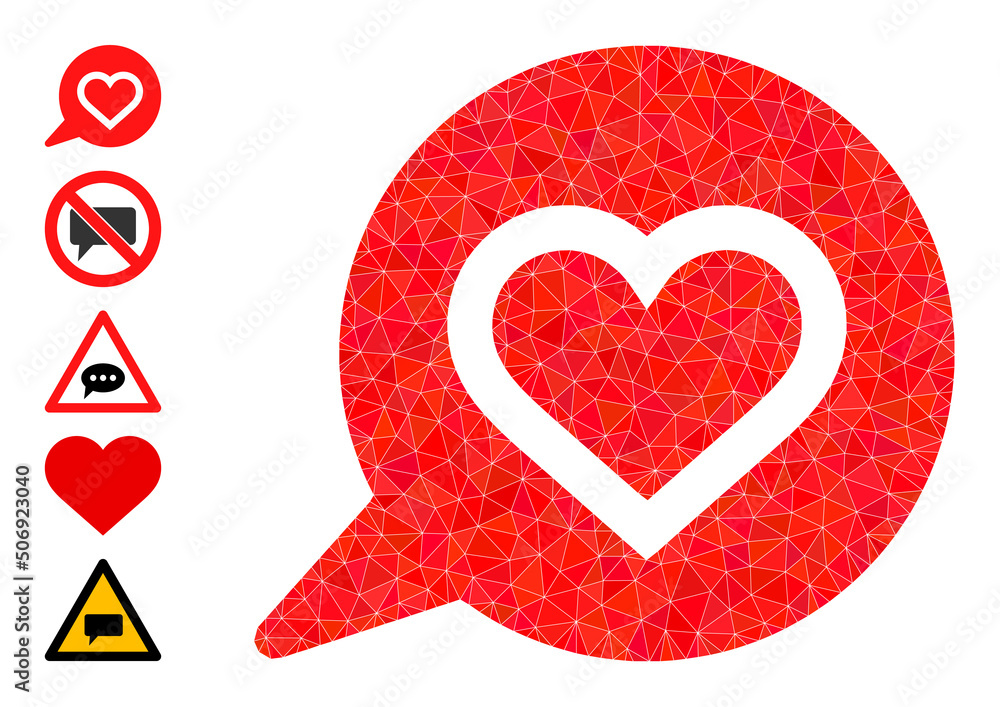 Poster vector triangulated love heart message icon image is constructed with chaotic filled triangles. tria