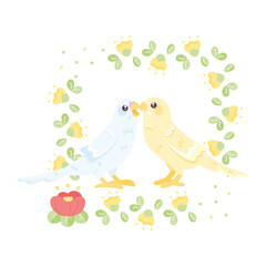 Isolated cute birds in a floral frame Vector illustration