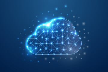 Cloud 3d symbol in blue low poly style. Internet technology, database, download design concept vector illustration. Big data polygonal wireframe.