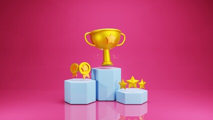 3D Siegenspodest mit rotem Hintergrund und mit Pokal, Medaillien und Sternen zur Auszeichnung
