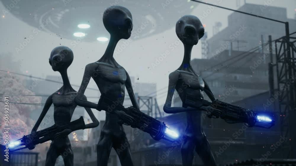 Canvas Prints alien invaders from uncharted space with alien plasma weapons attack a peaceful planet. apocalyptic 