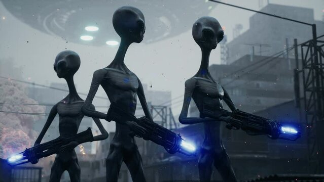 Alien invaders from uncharted space with alien plasma weapons attack a peaceful planet. Apocalyptic atmosphere of a war. The looped animation is perfect for apocalyptic, sci-fi and space backgrounds.