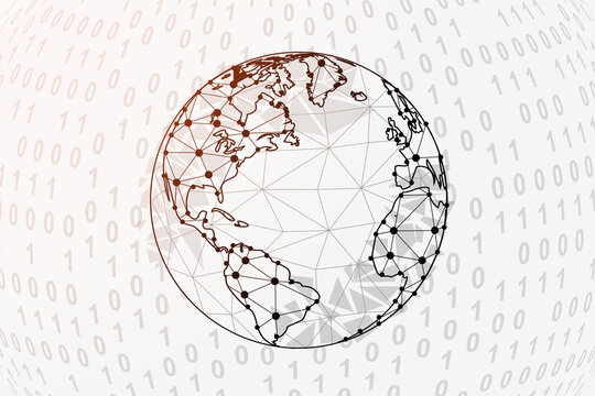 Earth planet 3d low poly symbol with binary code background. Space design vector illustration. World map polygonal symbol with connected dots