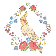 Isolated cute bird in a floral frame Vector illustration