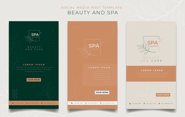 Set of portrait social media post template in feminine design for spa advertising design