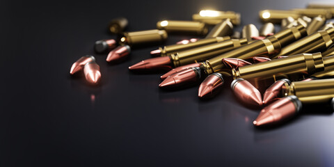 3D Rendering, realistic mock up of bullets. Rifle bullets close-up. Cartridges for rifle and carbine - obrazy, fototapety, plakaty