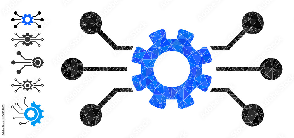 Poster vector low-poly circuit gear icon illustration is designed with randomized filled triangle parts. tr