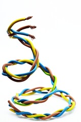 Wires used in European Single-phase electric wiring. The blue is neutral, brown is single-phase and yellow-green is the ground wire. 