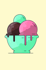 Ice-cream bowl vector illustration, Ice-cream logo concept, Chocolate, strawberry, and mint ice-cream in a bowl