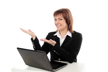 Happy woman using laptop and showing copy-space for product or advertisement text isolated on white  background