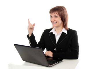 Happy woman using laptop and showing copy-space for product or advertisement text isolated on white  background