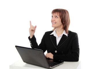 Happy woman using laptop and showing copy-space for product or advertisement text isolated on white  background