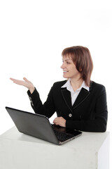 Happy woman using laptop and showing copy-space for product or advertisement text isolated on white  background