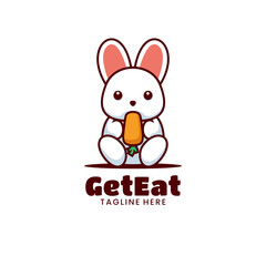 Vector Logo Illustration Get Rabbit Eat Mascot Cartoon Style.