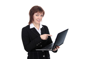 Happy woman using laptop isolated on white  background