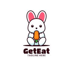Vector Logo Illustration Get Rabbit Eat Mascot Cartoon Style.