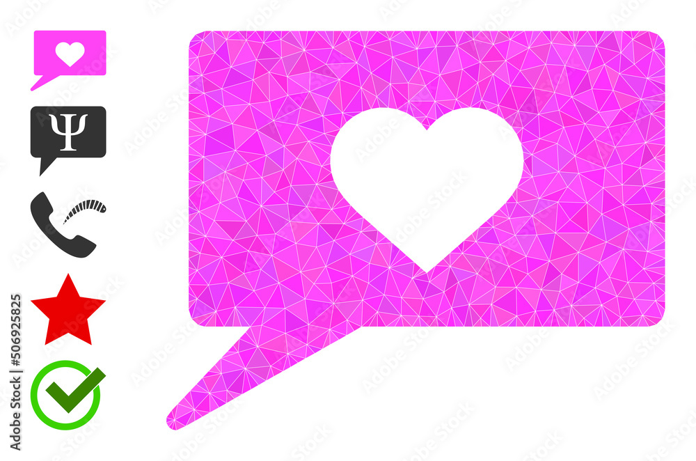 Poster vector lowpoly love talk icon image is designed with randomized filled triangles. triangle love talk