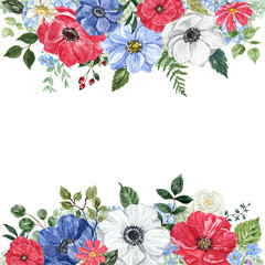 Square floral frame with red, white, and blue flowers. Watercolor botanical border. Hand-painted illustration. 4th of July greeting card design, invitation template. - 506926218