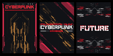 Cyberpunk retro futuristic poster set abstract cosmic shapes. Digital technology design elements hud style. Game design, futuristic text. Futuristic background design for games. Vector illustration - obrazy, fototapety, plakaty