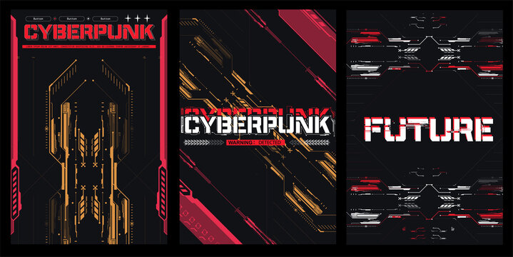 Cyberpunk retro futuristic poster set abstract cosmic shapes. Digital technology design elements hud style. Game design, futuristic text. Futuristic background design for games. Vector illustration