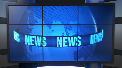 News Studio, Backdrop For TV Shows .TV On Wall.3D Virtual News Studio Background, 3d illustration