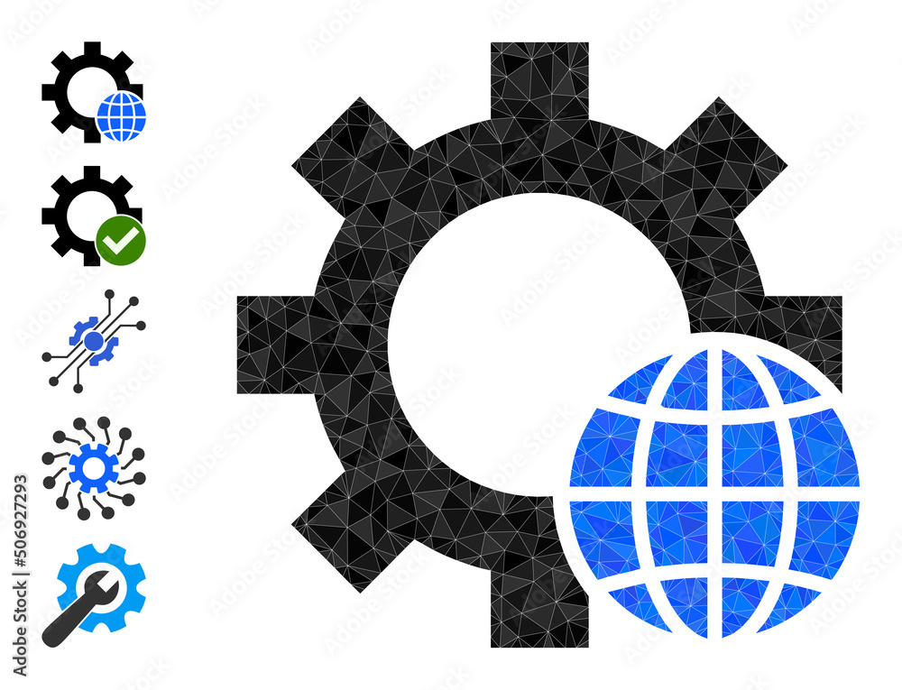 Poster vector low-poly world settings icon illustration is designed with randomized filled triangle parts. 