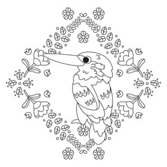 Isolated cute bird in a floral frame Vector illustration