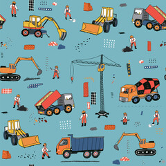 Building : construction crane truck concrete mixer builders vector seamless pattern