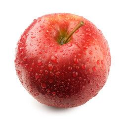 Apple isolated. Ripe red apple in water drops on a white background.