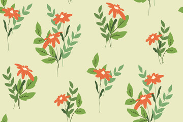Seamless pattern with bunches of wildflowers on a light field. Romantic floral print, pretty botanical background with drawing plants, flowers, leaves and herbs. Vector illustration.