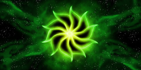 Anahata chakra is green in the black starry sky.