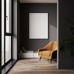 Home interior, modern dark living room interior, poster frame mock up, 3d render