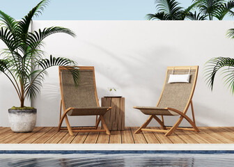 Modern garden with lawn chairs, swimming pool and wooden deck, 3d rendering