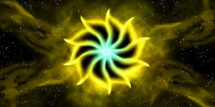 The minipura chakra is yellow in a black starry sky.