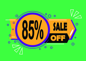 Sale 85% discount. Promotion sales and marketing, discount tag and icon in orange and green.