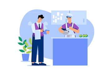 Restaurant kitchen web concept in flat design. Chef in cap and apron works at table, cooking and prepares exquisite dish of ingredients. Waiter brings customer's order for dinner. Vector illustration