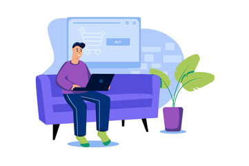 Shopping web concept in flat design. Happy man is sitting on sofa and buying goods at website store using laptop. Customer making purchases, ordering products at home and paying. Vector illustration