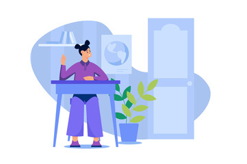 School teacher web concept in flat design. Happy woman sitting at teacher table in class and explaining lessons to pupils. Tutor gives lecture and works at college or university. Vector illustration