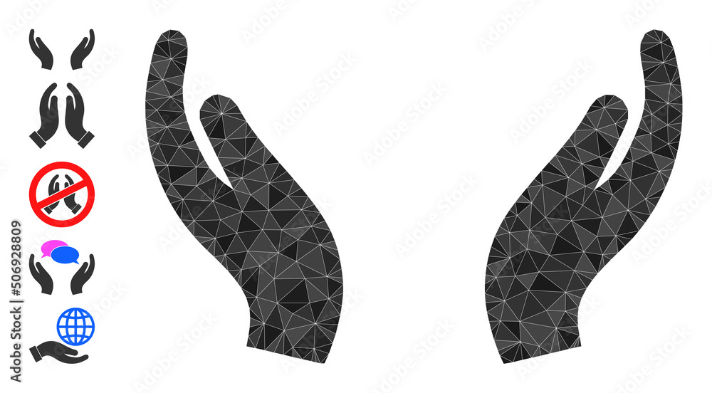 Poster vector low-poly care palms icon image is designed with chaotic filled triangle parts. triangle care 