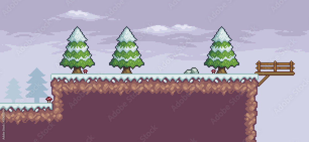 Poster pixel art game scene in snow with pine trees, bridge and clouds 8bit background