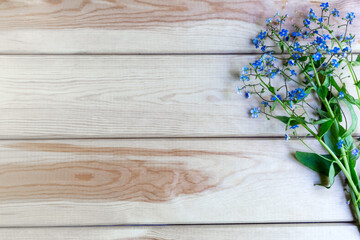 Forget-me-nots on a light wooden background, a place for text